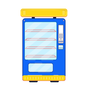 En esta foto aparece una máquina expendedora de color azul y amarillo con método de pago de última tecnología